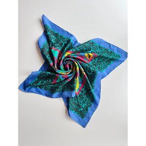 Vintage Unbranded Blue Green Tropical Floral Silk Habotai 31" x 31" Square Scarf